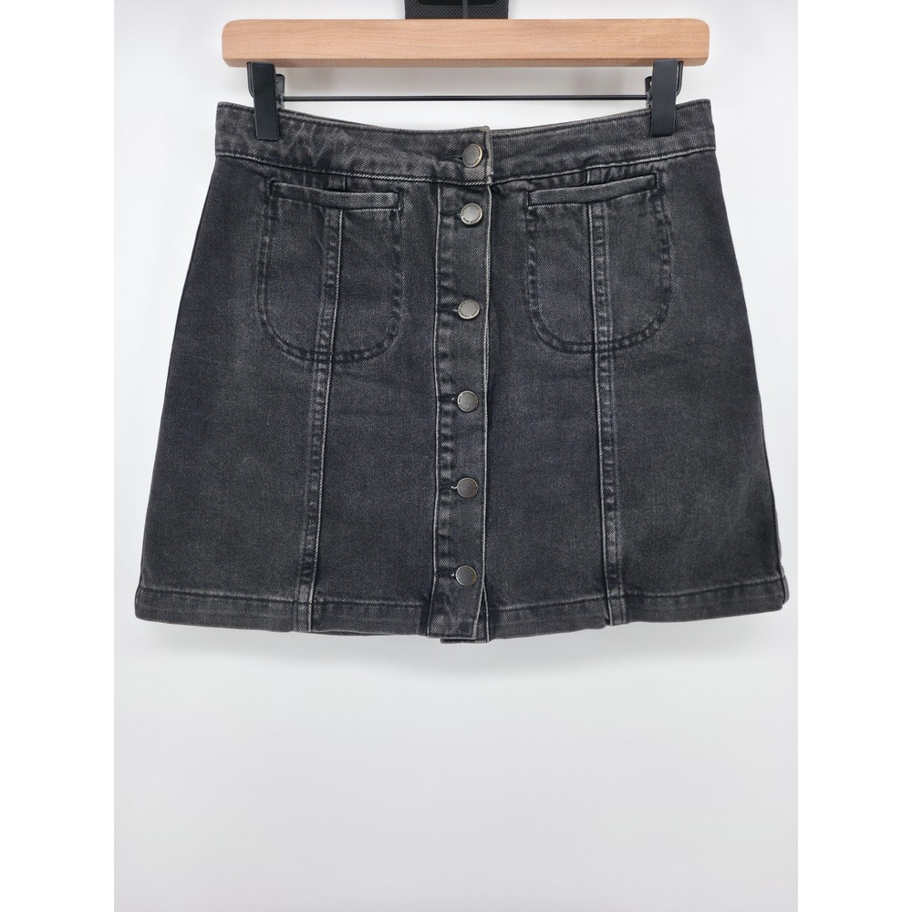 Topshop Womens Denim Skirt Moto W28 Black Button‎ Front Mini A-Line